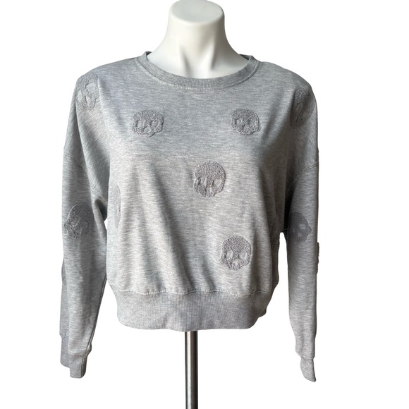 Olive + Oak Tops - Olive + Oak Cropped Gray Sweatshirt with Embroidered Skulls, Sz M